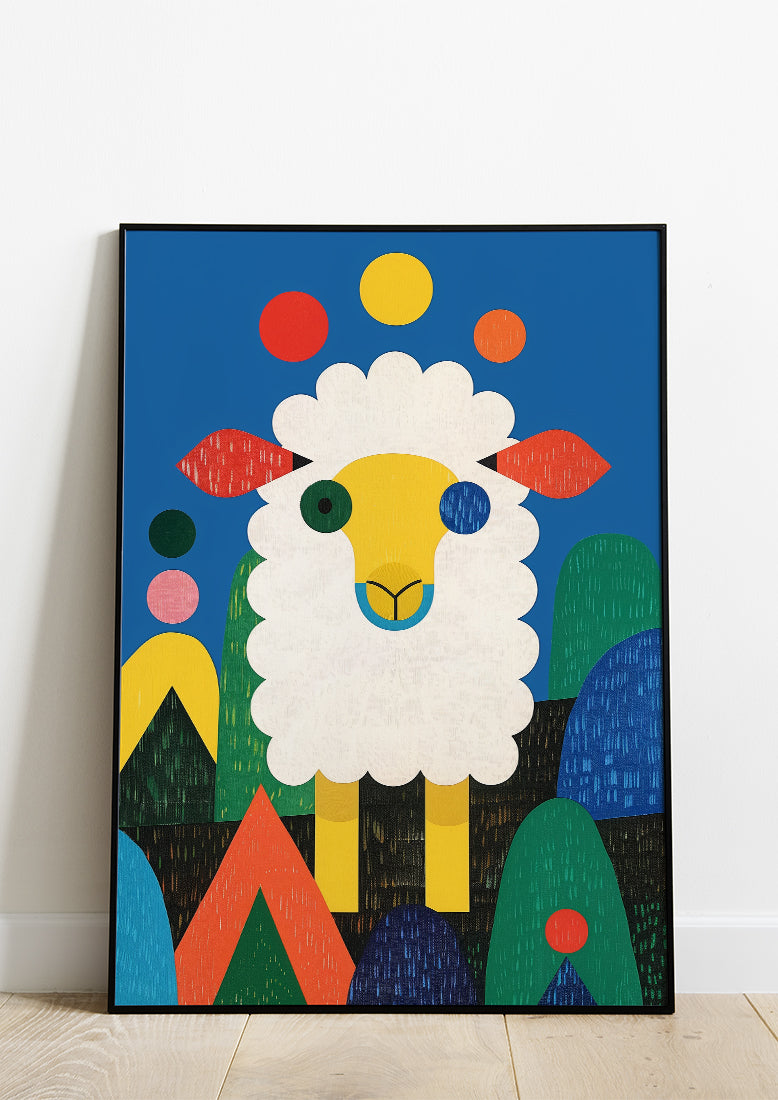 Affiche déco chambre bébé enfant - Mouton portrait bleu - Bleu Jaune