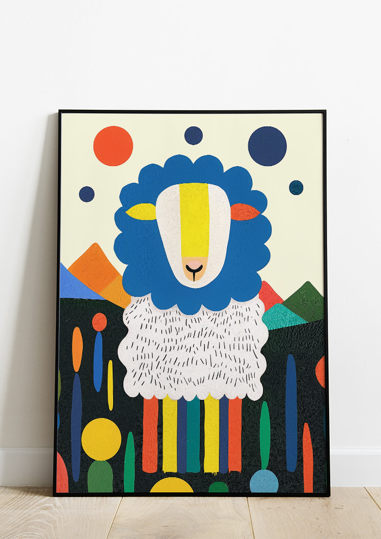 Affiche déco chambre bébé enfant - Mouton portrait beige - Bleu Jaune