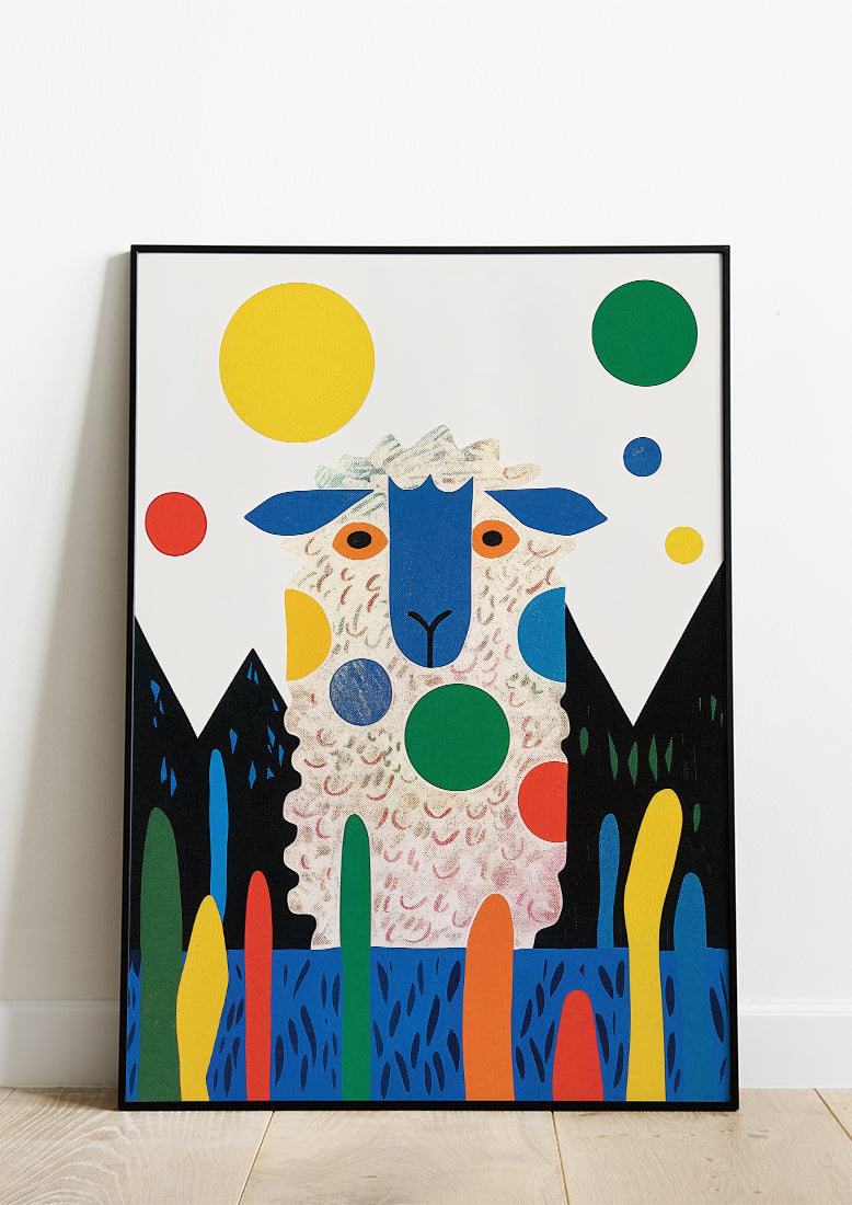 Affiche déco chambre bébé enfant - Mouton portrait blanc - Bleu Jaune