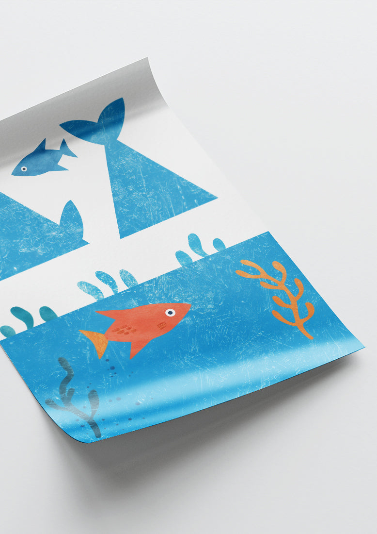 Affiche déco chambre bébé enfant - Poisson océan bleu H - Bleu orange