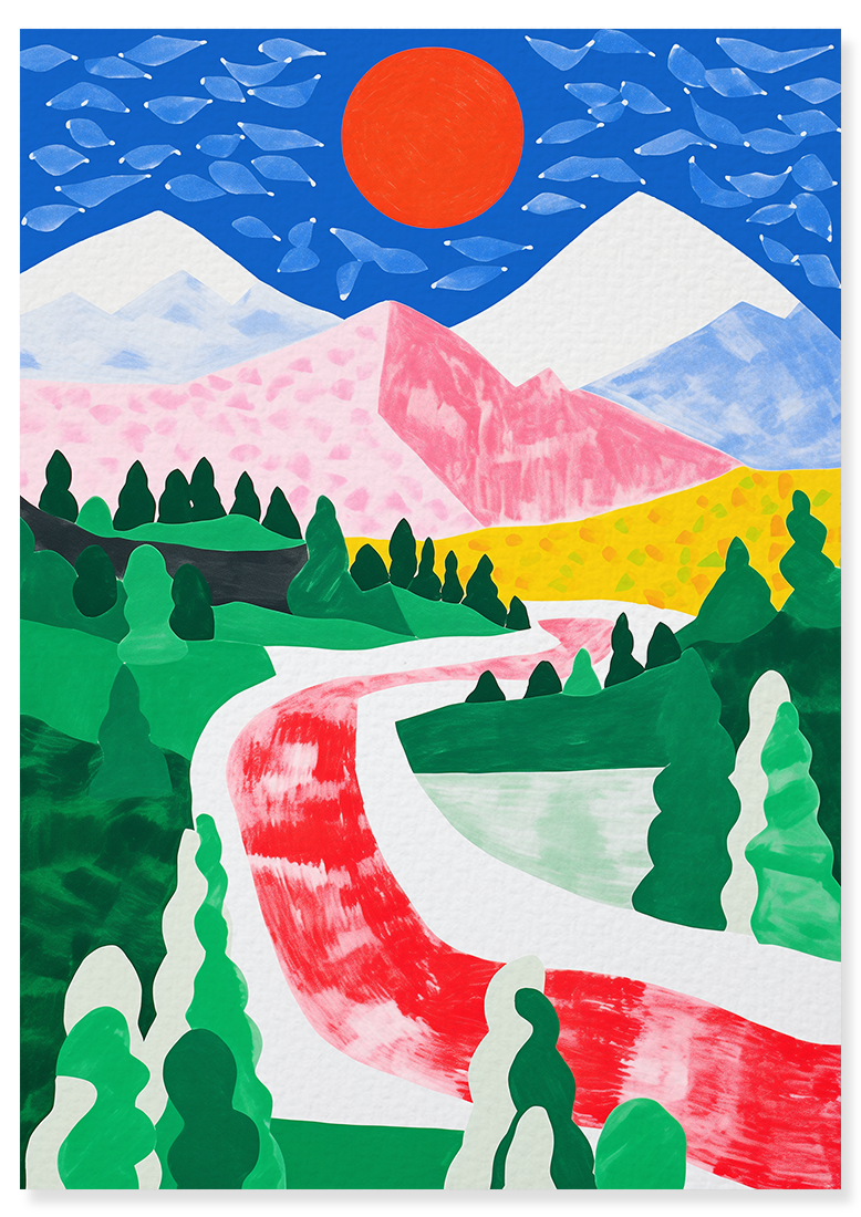 Affiche déco chambre bébé enfant - Paysage montagne A - Vert Rouge