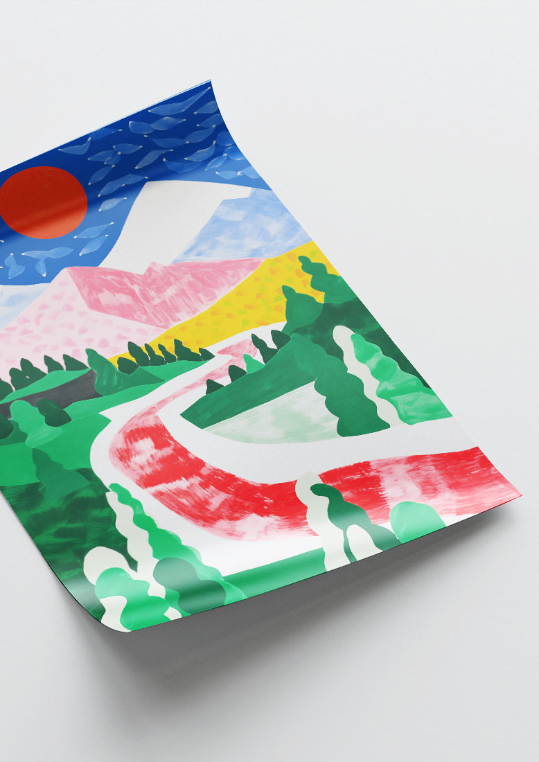 Affiche déco chambre bébé enfant - Paysage montagne A - Vert Rouge