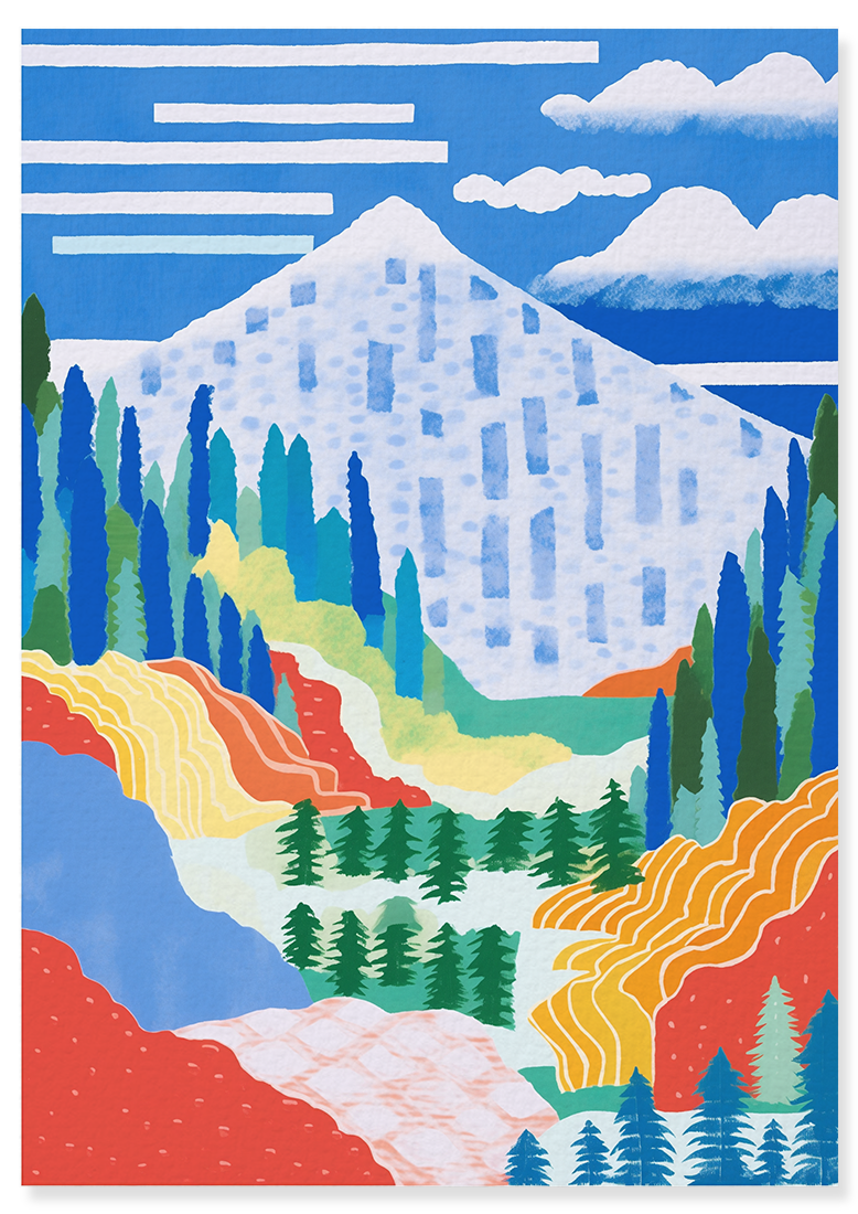 Affiche déco chambre bébé enfant - Paysage montagne F - Bleu Jaune