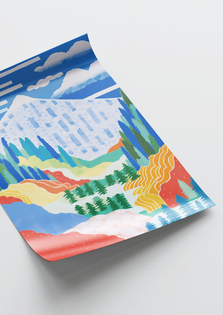 Affiche déco chambre bébé enfant - Paysage montagne F - Bleu Jaune