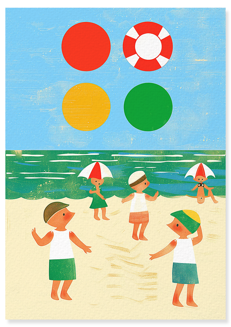 Affiche déco chambre bébé enfant - Plage jeux C - Bleu jaune
