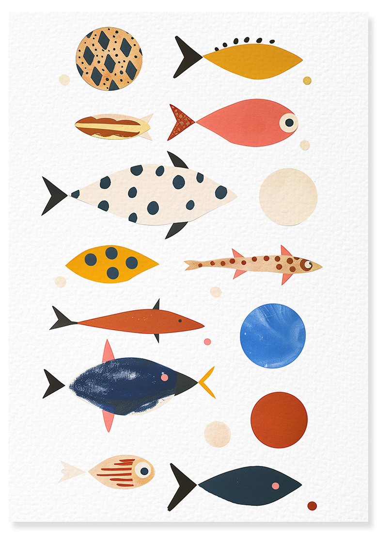 Affiche déco chambre bébé enfant - Poisson composition A - Bleu rose