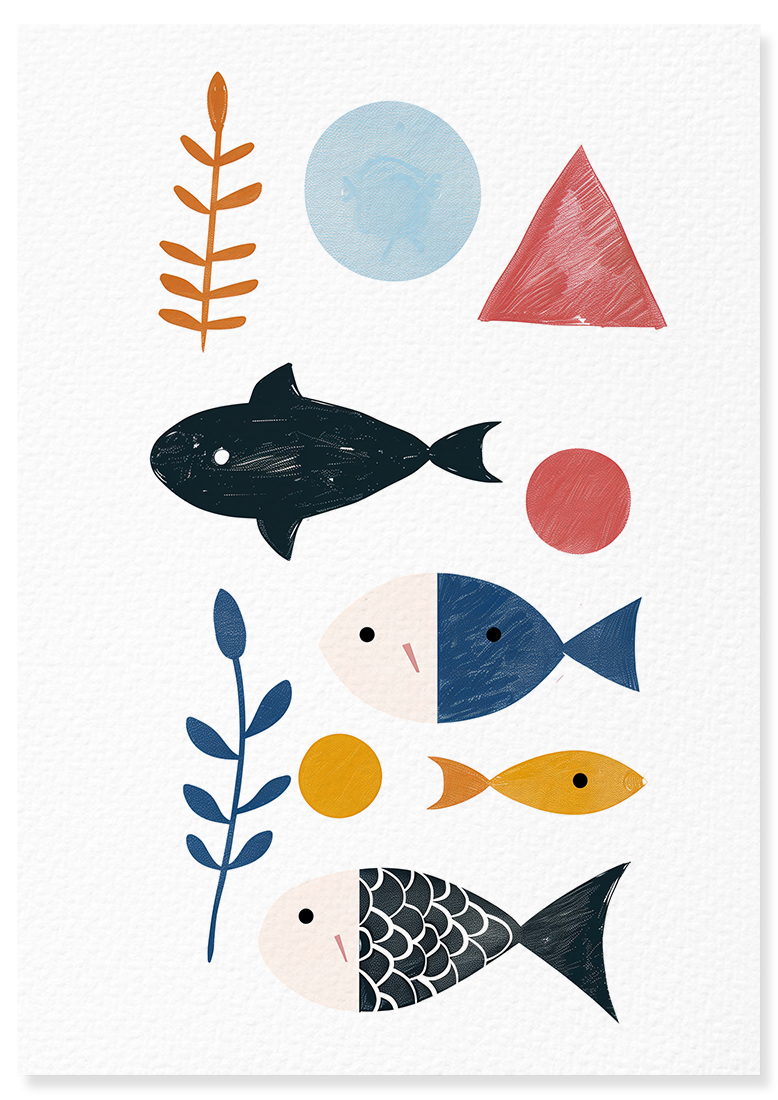 Affiche déco chambre bébé enfant - Poisson composition B - Bleu rose