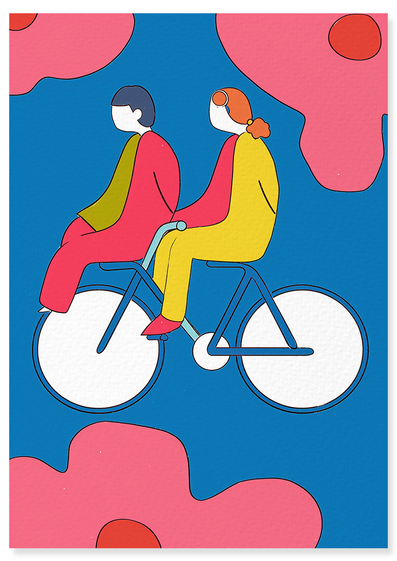 Affiche déco chambre bébé enfant - Vélo Famille A - Bleu Rose