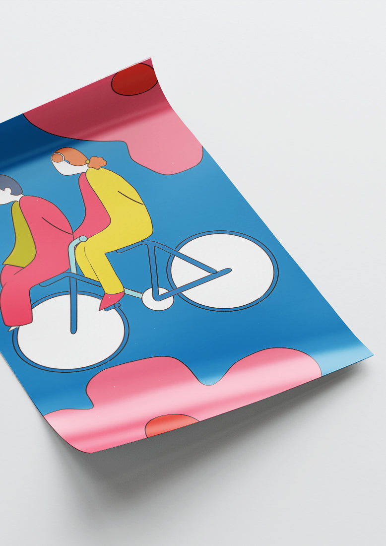 Affiche déco chambre bébé enfant - Vélo Famille A - Bleu Rose