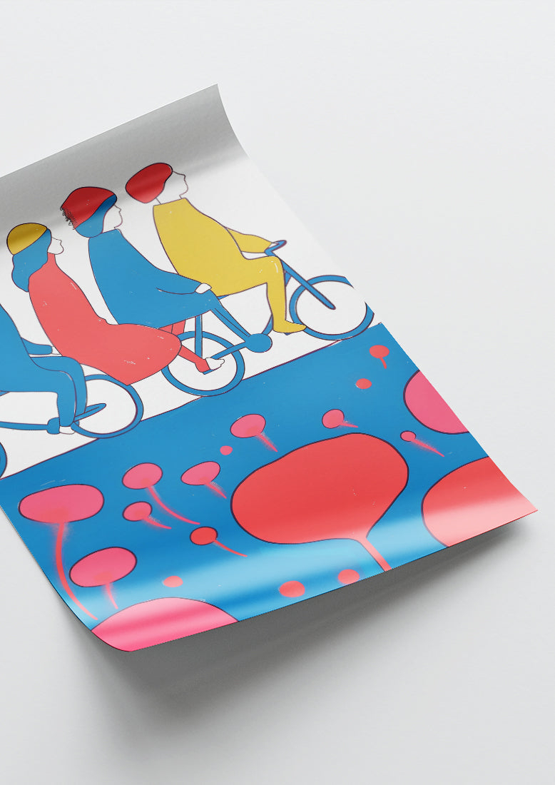 Affiche déco chambre bébé enfant - Vélo Famille C - Bleu Rose