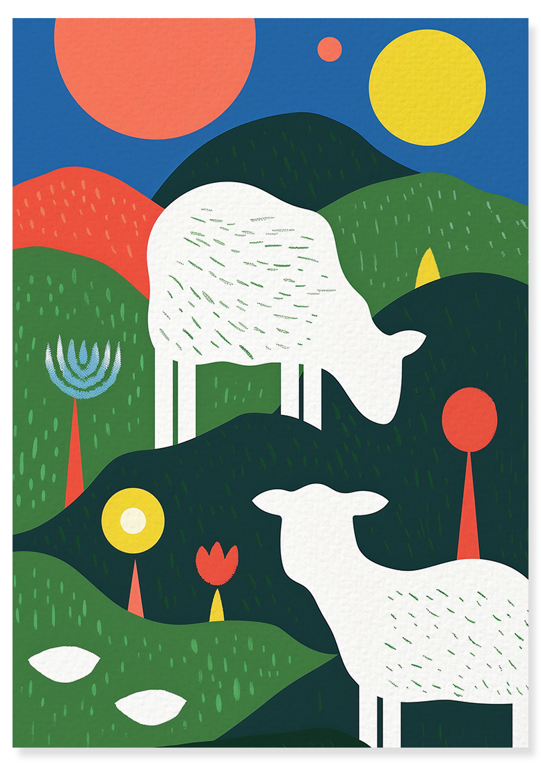 Affiche déco chambre bébé enfant - Mouton Paysage A géométrie - Vert Beige