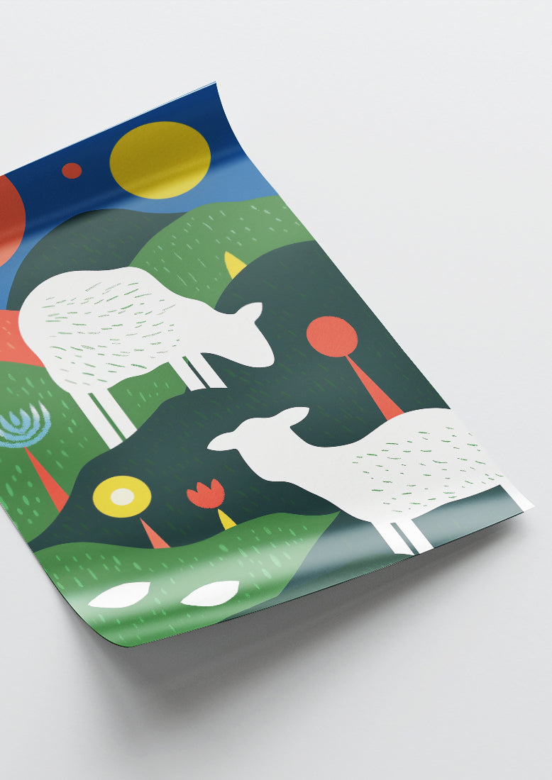 Affiche déco chambre bébé enfant - Mouton Paysage A géométrie - Vert Beige