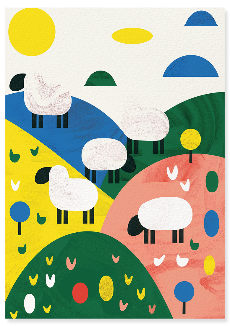 Affiche déco chambre bébé enfant - Mouton Paysage C géométrie - Vert Beige