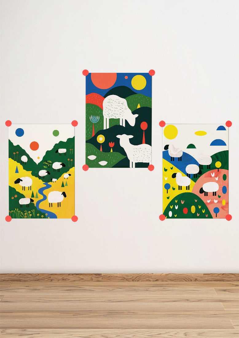 Affiche déco chambre bébé enfant - Mouton Paysage C géométrie - Vert Beige