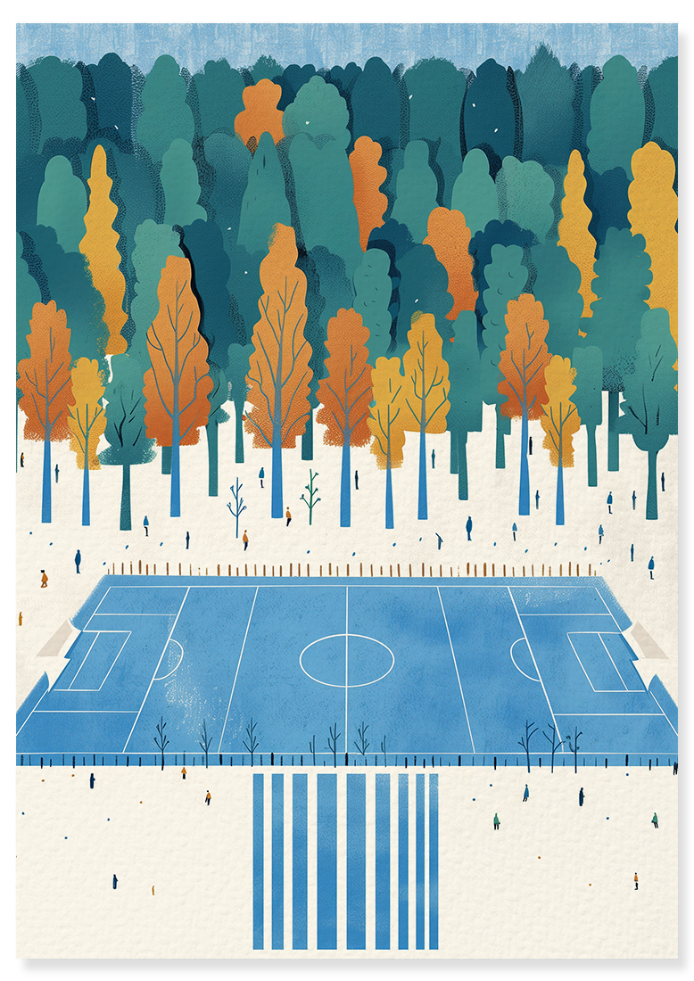 Affiche déco chambre bébé enfant - Terrain de foot paysage A - bleu