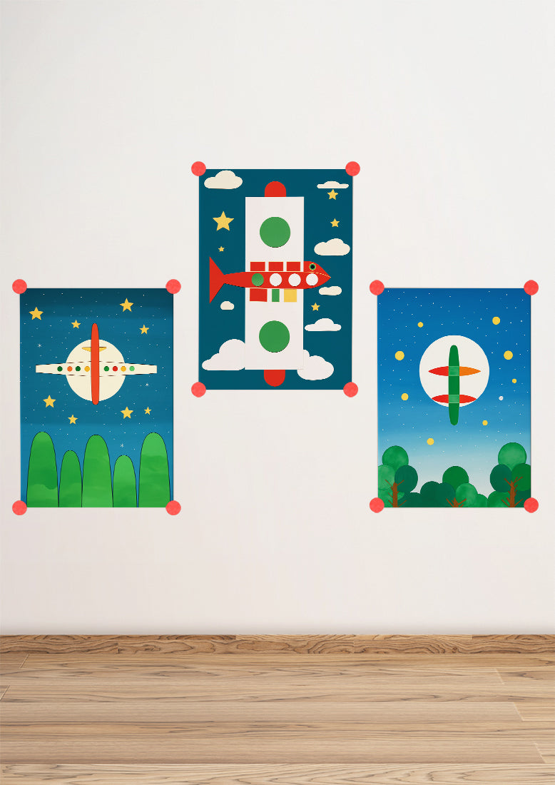 Affiche déco chambre bébé enfant - Avion ciel nuit C - bleu