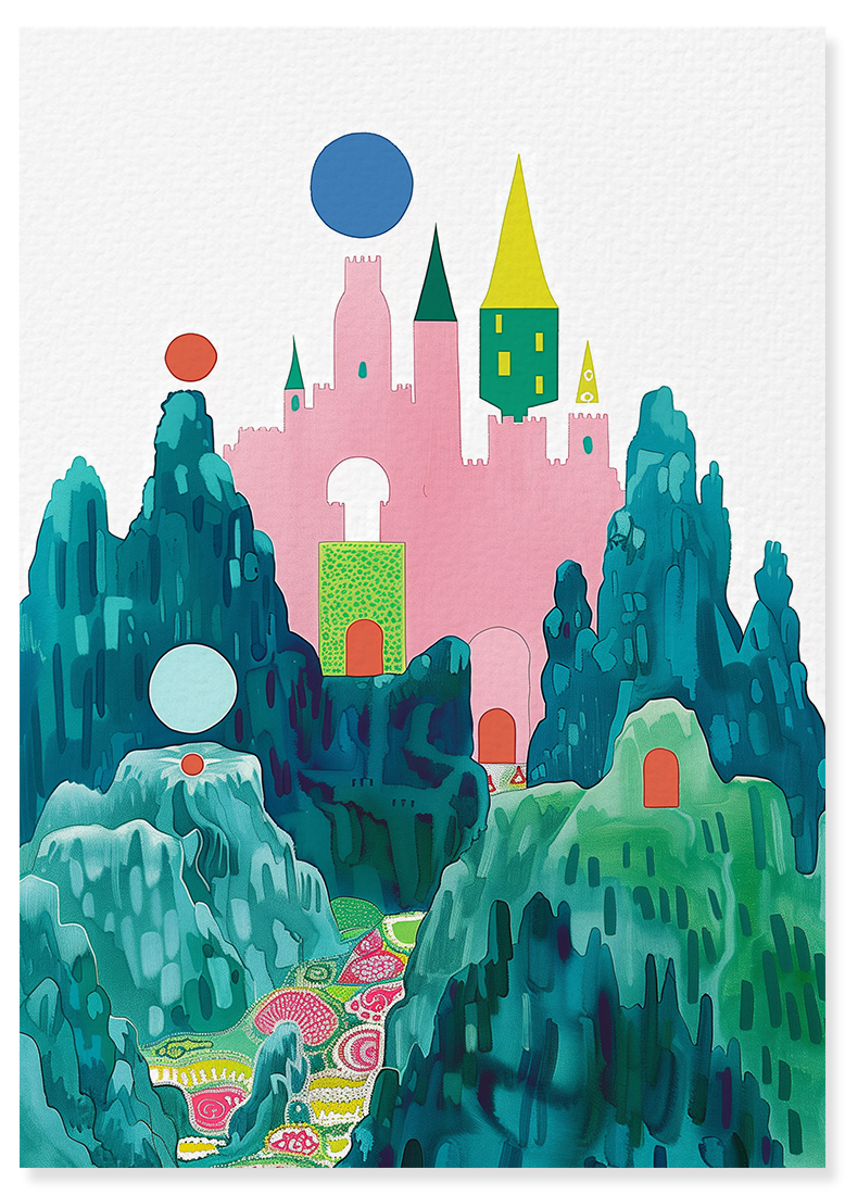 Affiche déco chambre bébé enfant - Château fort B - rose vert