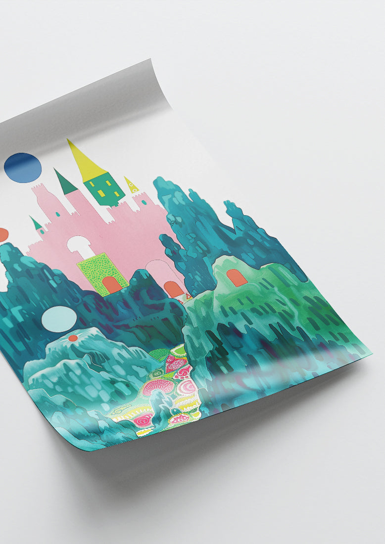 Affiche déco chambre bébé enfant - Château fort B - rose vert