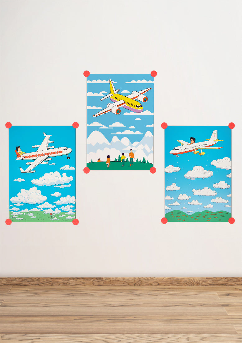 Affiche déco chambre bébé enfant - Avion famille ciel A - bleu