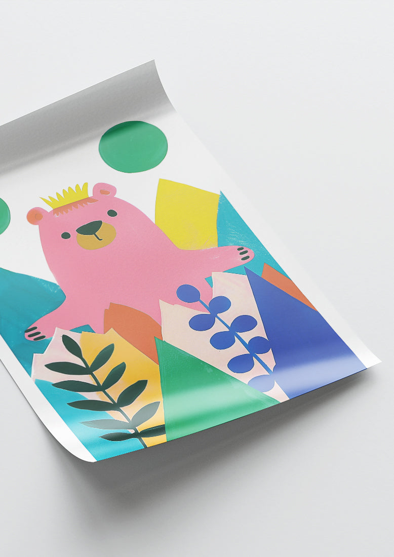 Affiche déco chambre bébé enfant - Portrait Animaux Rose géométrie A - rose vert