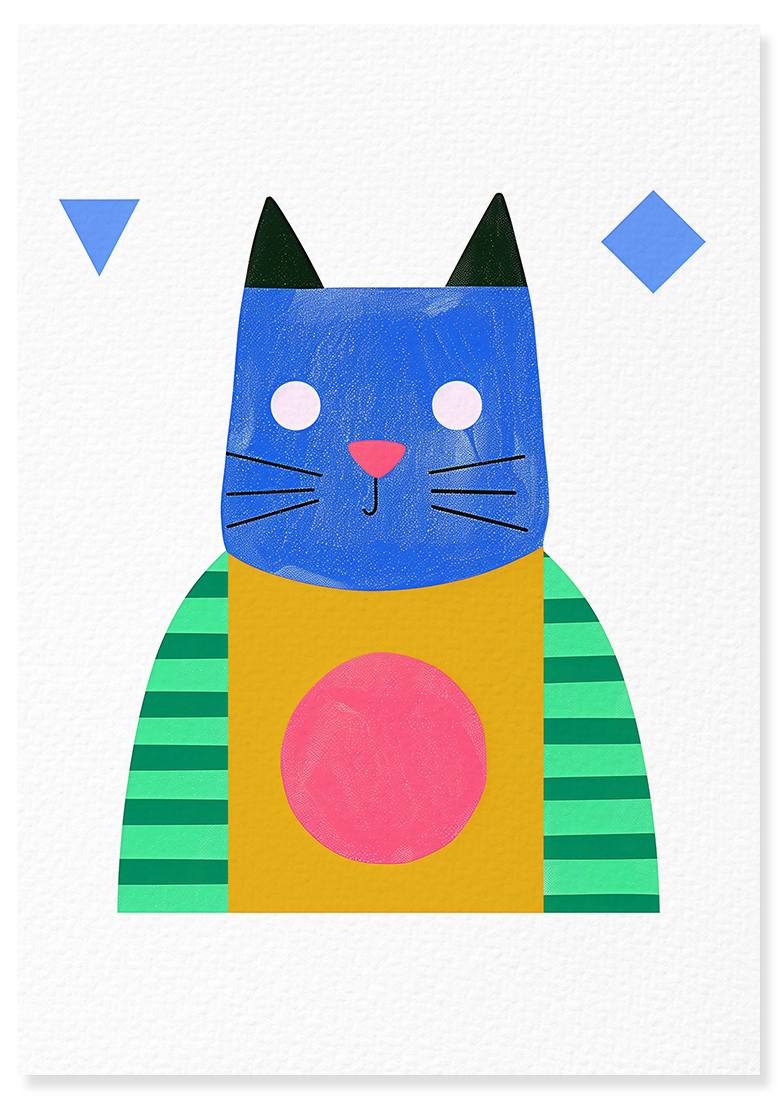Affiche déco chambre bébé enfant - Portrait Animaux Rose géométrie B - bleu jaune