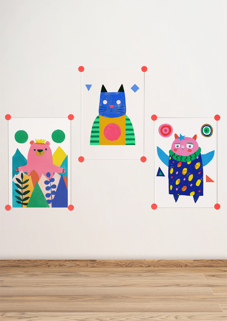 Affiche déco chambre bébé enfant - Portrait Animaux Rose géométrie B - bleu jaune