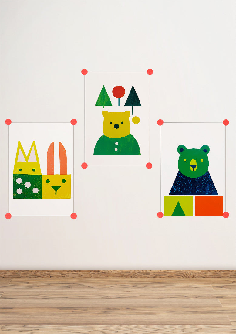 Affiche déco chambre bébé enfant - Portrait Animaux Vert géométrie A - vert jaune