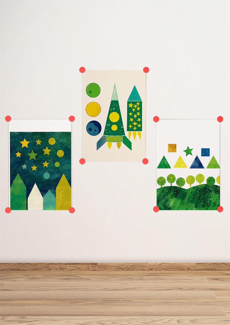 Affiche déco chambre bébé enfant - Ciel étoile A géométrie - vert jaune