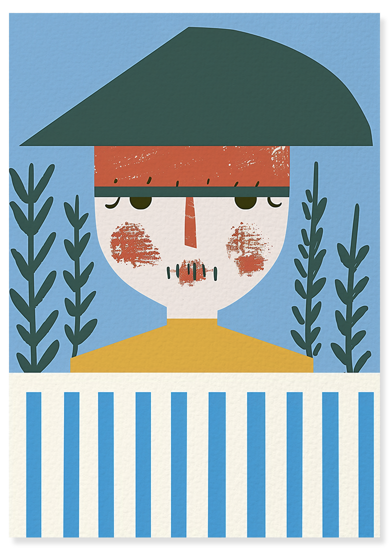 Affiche déco chambre bébé enfant - Portrait pirate bleu A géométrie - bleu jaune