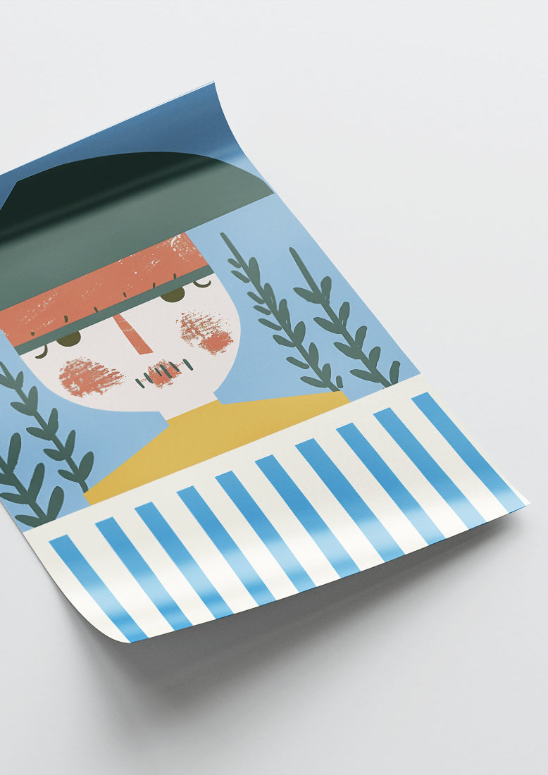 Affiche déco chambre bébé enfant - Portrait pirate bleu A géométrie - bleu jaune