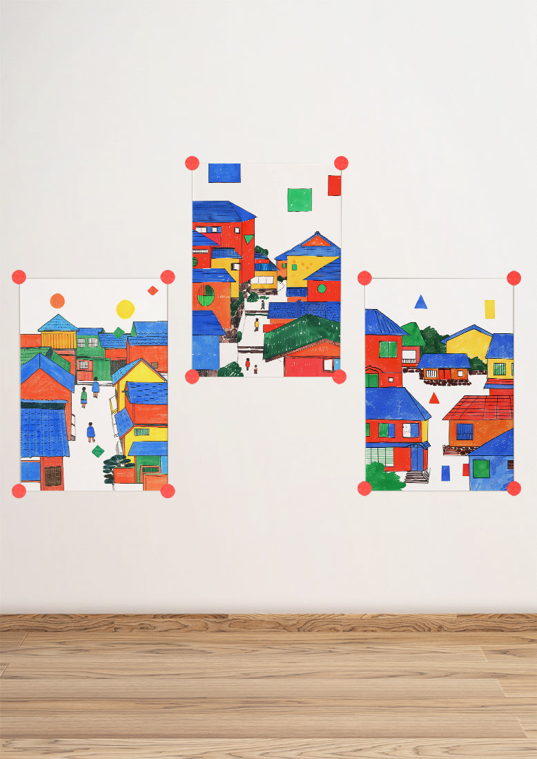 Affiche déco chambre bébé enfant - Japon primaire A géométrie - bleu rouge