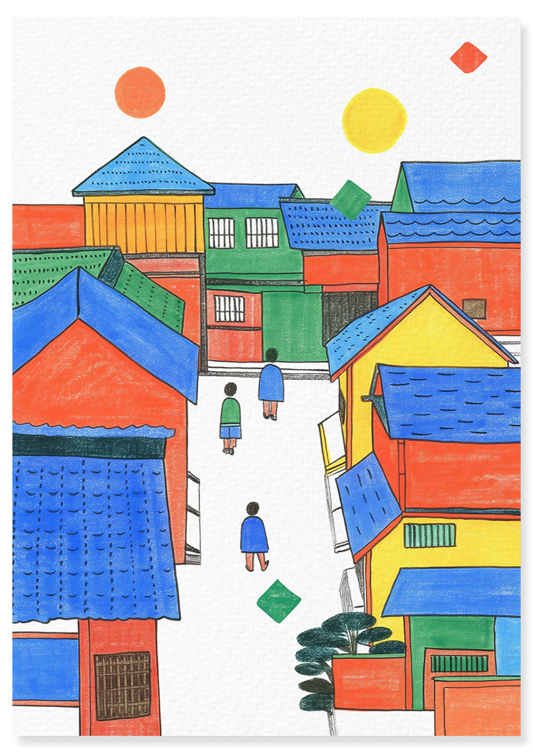 Affiche déco chambre bébé enfant - Japon primaire B géométrie - bleu rouge