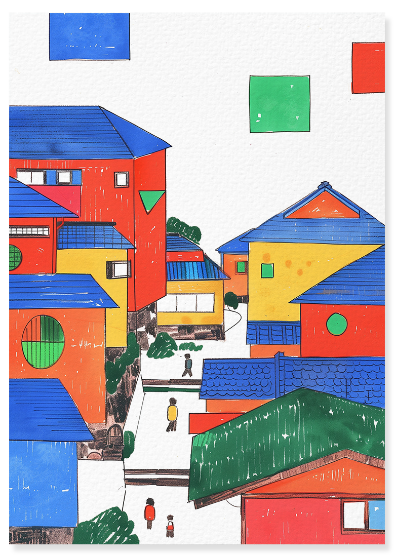 Affiche déco chambre bébé enfant - Japon primaire C géométrie - bleu rouge
