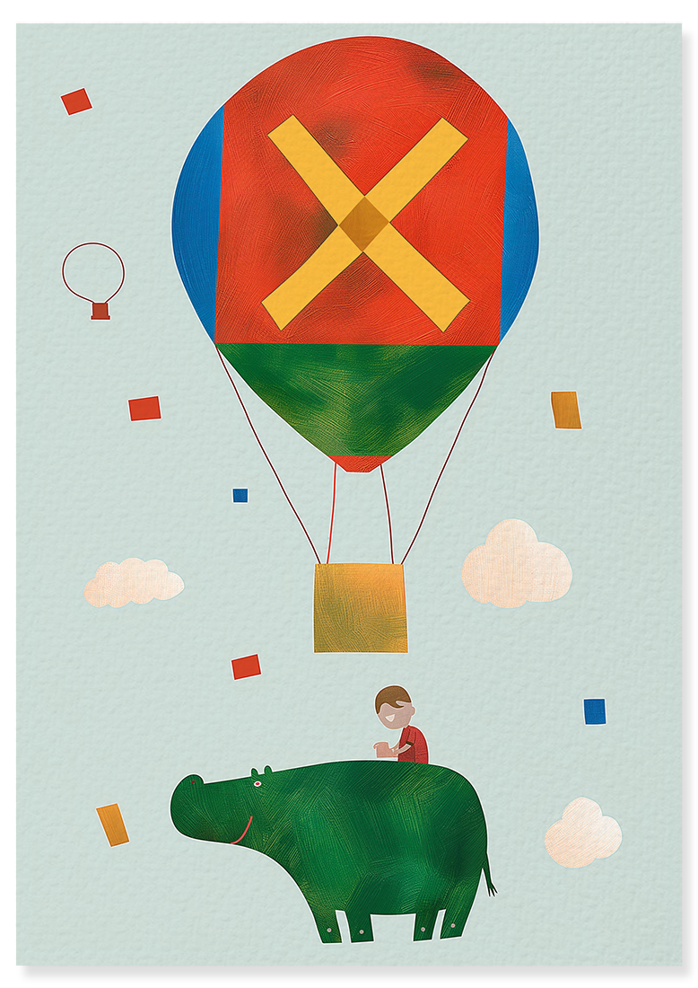 Affiche déco chambre bébé enfant - Hippopotame A géométrie - rouge vert