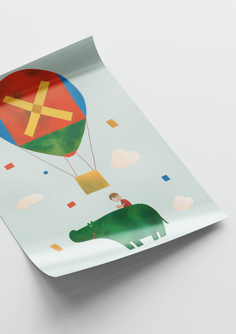 Affiche déco chambre bébé enfant - Hippopotame A géométrie - rouge vert