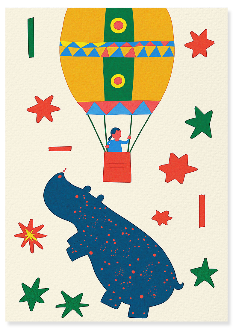 Affiche déco chambre bébé enfant - Hippopotame C géométrie - jaune bleu