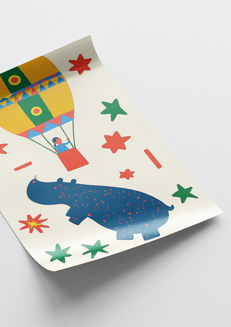 Affiche déco chambre bébé enfant - Hippopotame C géométrie - jaune bleu