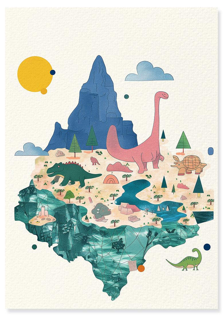Affiche déco chambre bébé enfant - Dino paysage A - rose bleu