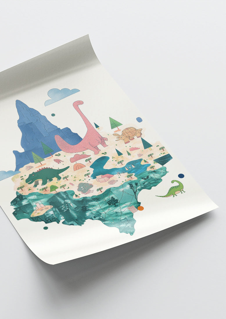 Affiche déco chambre bébé enfant - Dino paysage A - rose bleu
