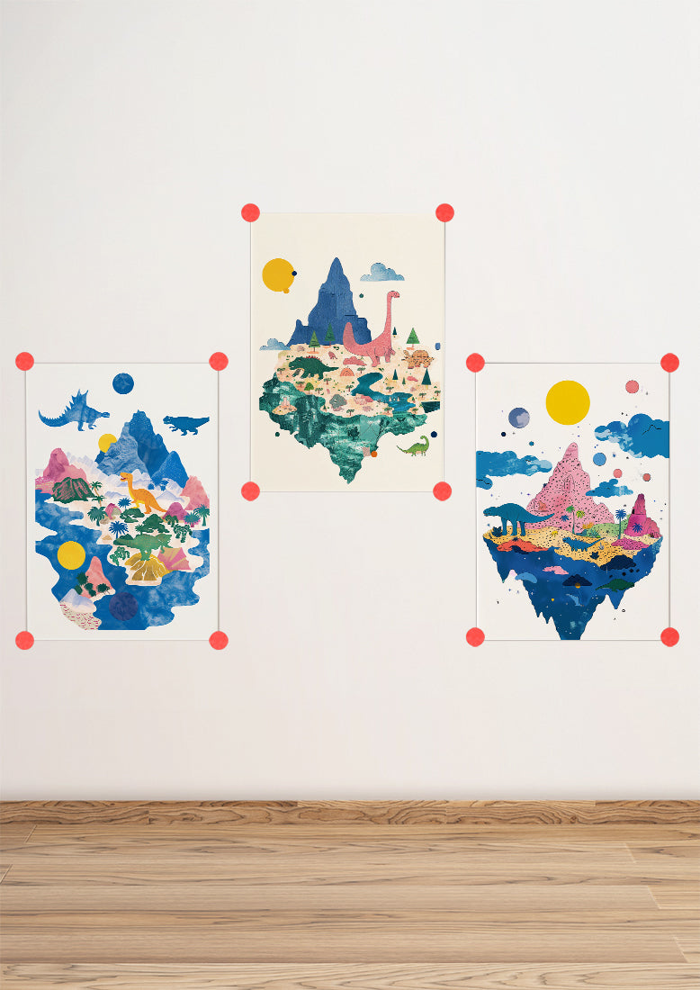 Affiche déco chambre bébé enfant - Dino paysage A - rose bleu