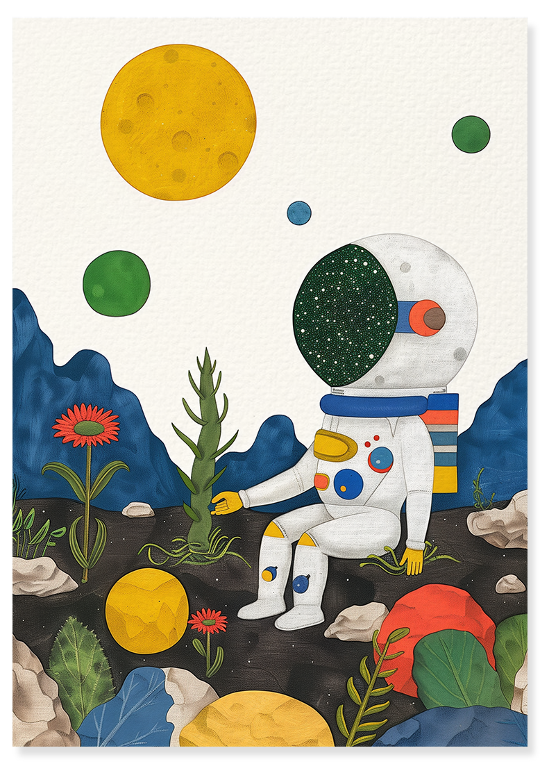 Affiche déco chambre bébé enfant - Cosmonaute plante A - bleu vert