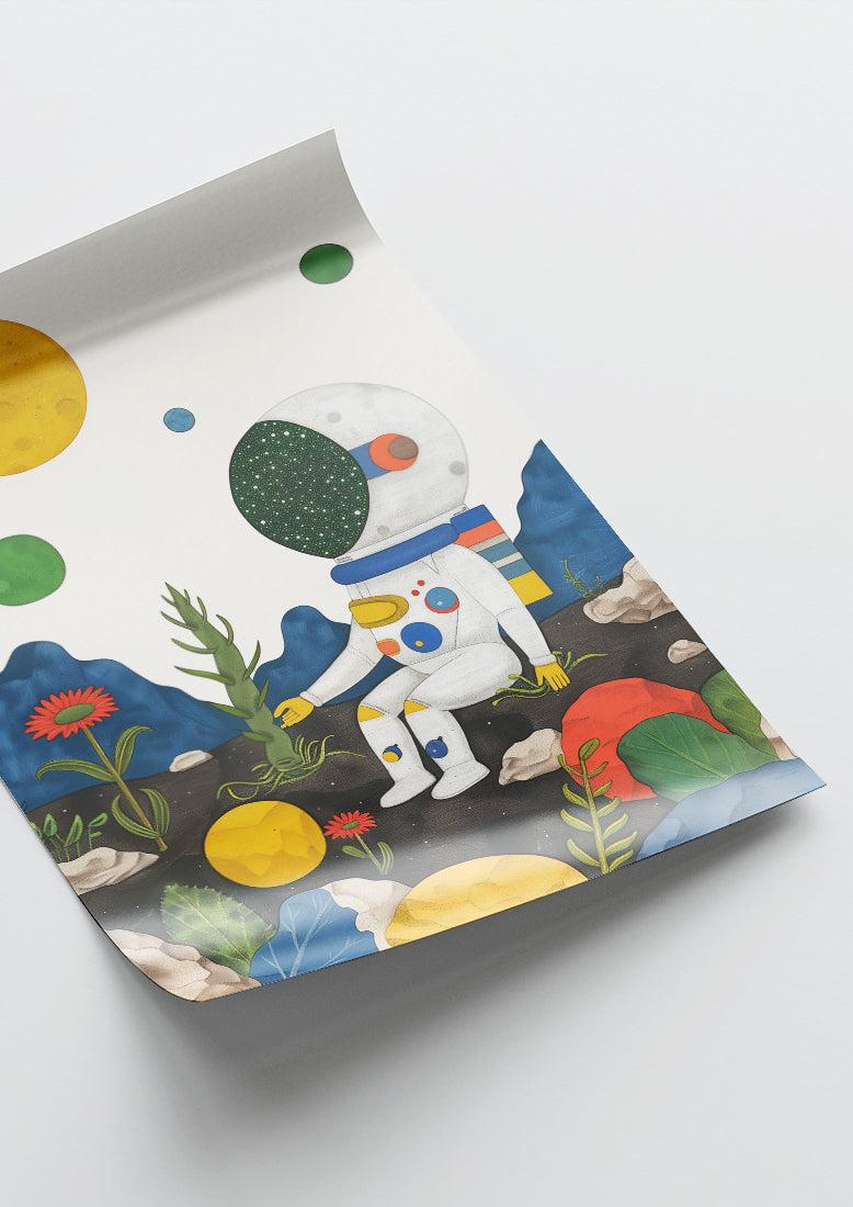Affiche déco chambre bébé enfant - Cosmonaute plante A - bleu vert
