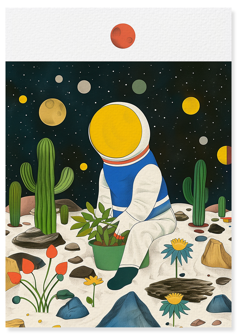 Affiche déco chambre bébé enfant - Cosmonaute plante C - bleu vert