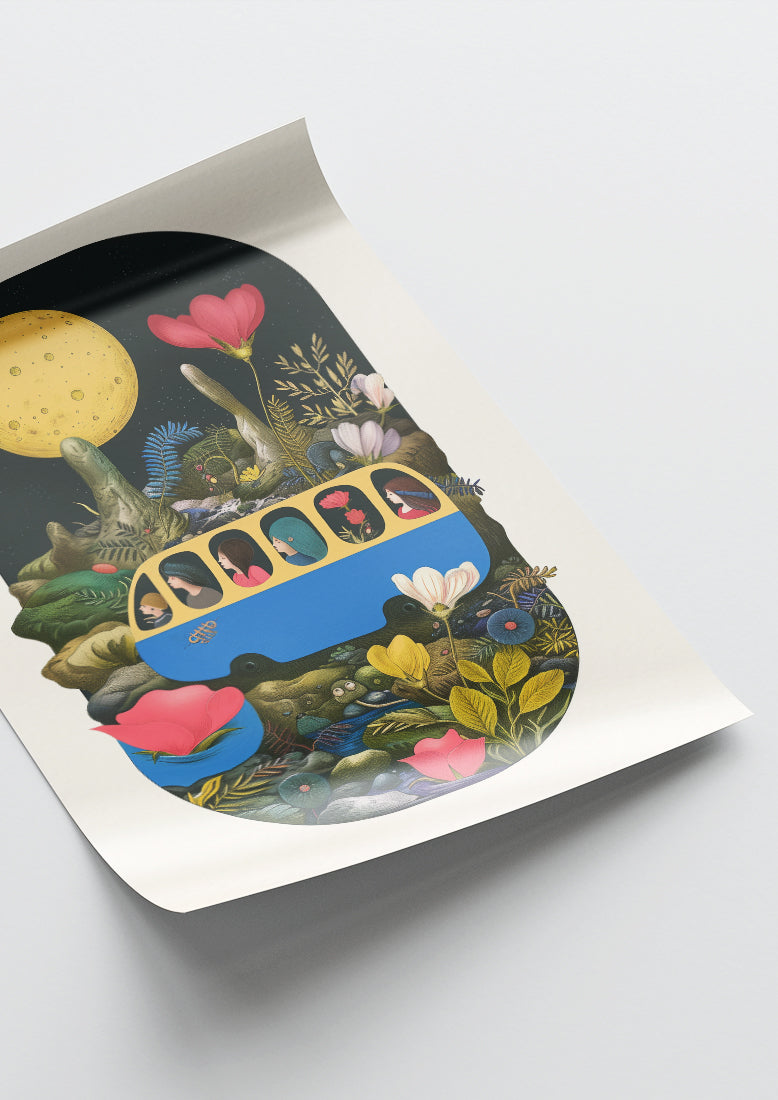 Affiche déco chambre bébé enfant - Bus plante A - bleu vert