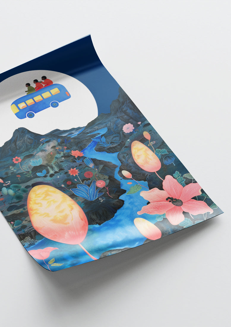Affiche déco chambre bébé enfant - Bus plante B - bleu rose