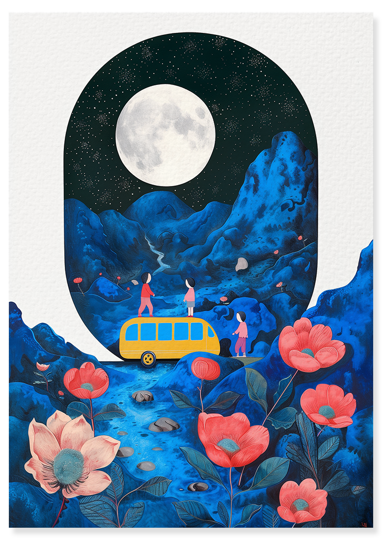 Affiche déco chambre bébé enfant - Bus plante C - bleu rose