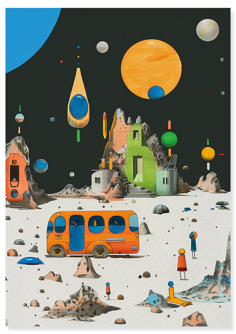 Affiche déco chambre bébé enfant - Cosmos bus C - bleu orange