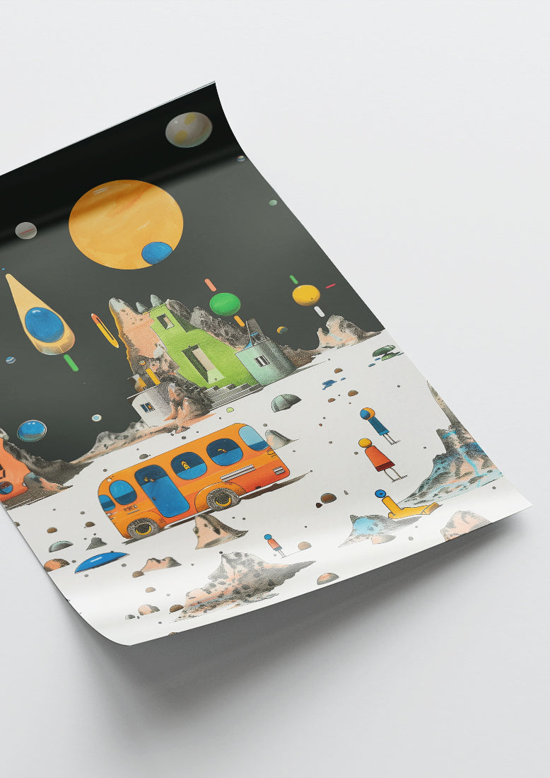 Affiche déco chambre bébé enfant - Cosmos bus C - bleu orange