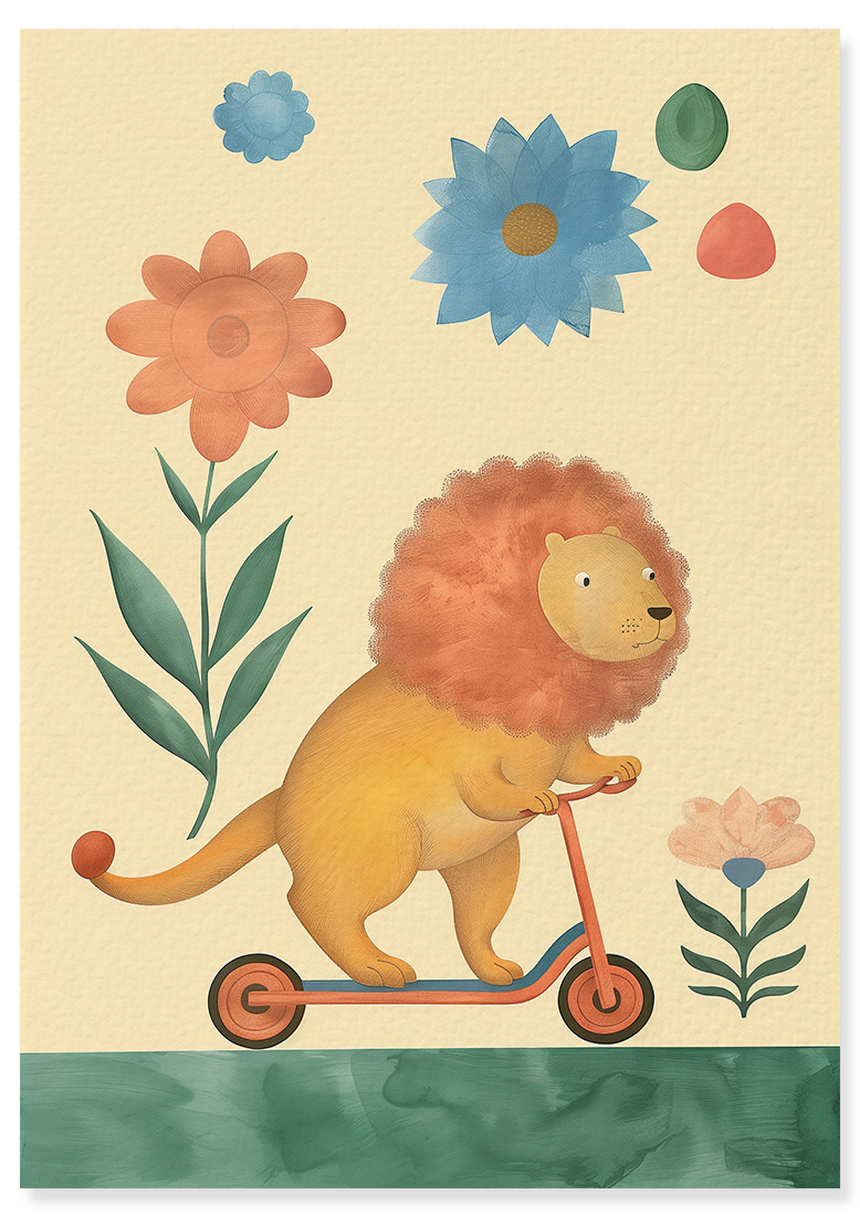 Affiche déco chambre bébé enfant - Trottinette lion A - beige vert