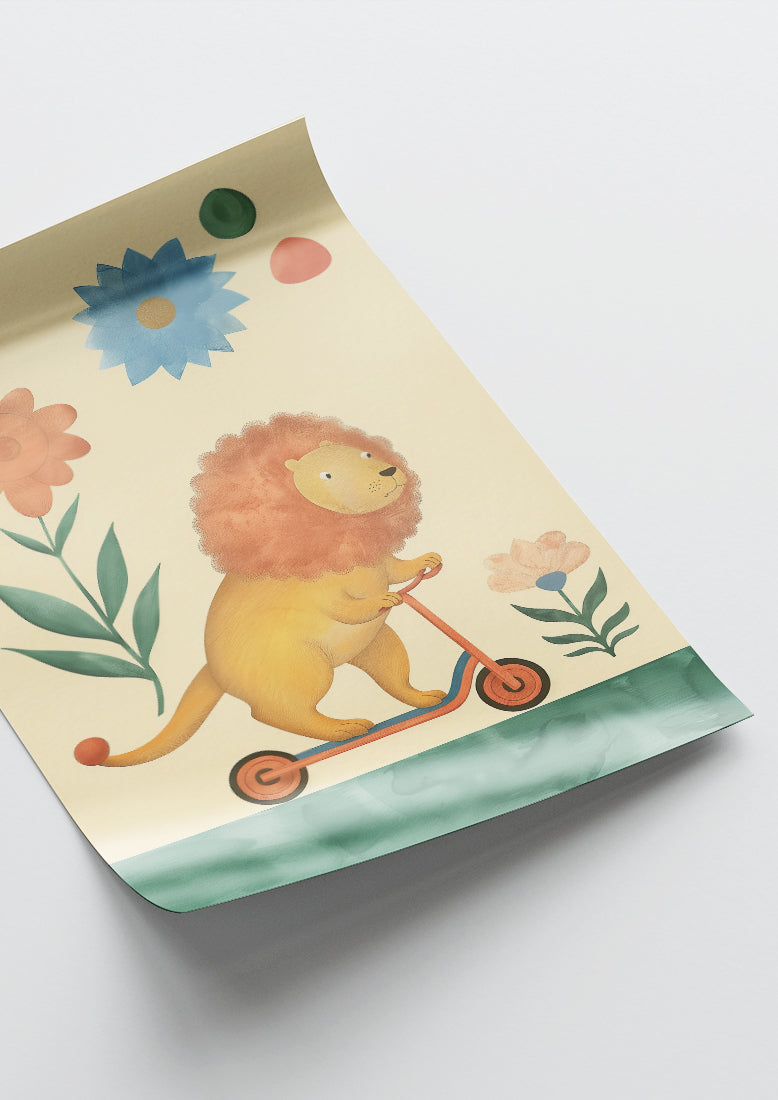 Affiche déco chambre bébé enfant - Trottinette lion A - beige vert